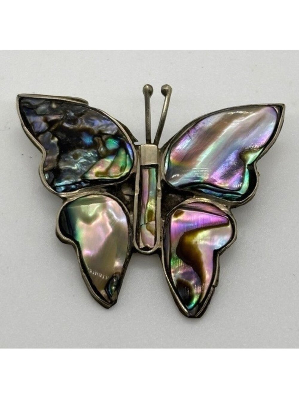 Alpaca Mexico Vintage Abalone Butterfly Brooch Silver-Tone Metal, Marked, Lovely